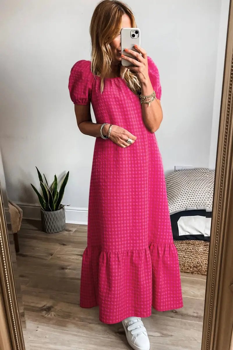 Rose Ginham Check Bubble Sleeve Ruffled Maxi Dress for Women - Love Salve